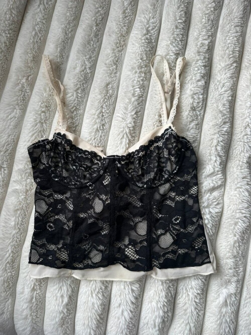 Black and Cream Lace Corset Cami Top Adjustable Back Size S